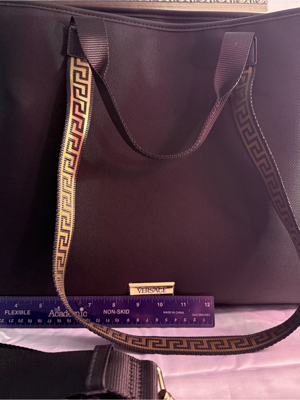 Versace Black Tote with Gold Greek Trim. Comes with detachable pouch. Brand new.